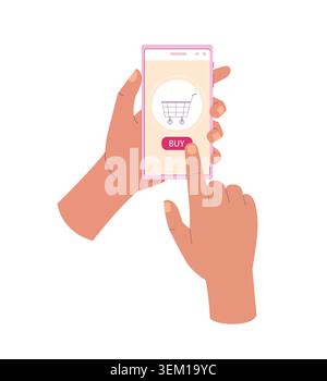 Halten Sie das Mobiltelefon mit dem Warenkorb und drücken Sie die Taste „Kaufen“. E-Commerce, Online-Shopping, virtueller Verkauf in Internet-Shops Stock Vektor