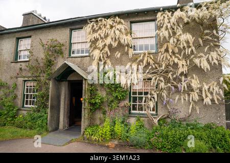Charmantes Steinhaus mit weißen Glyzinien in voller Blüte, die über die Fassade, grün getrimmte Fenster und Hüttengarten kaskadiert Stockfoto