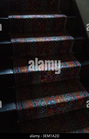 Verzierte Teppichläufer mit gemustertem Muster auf dunkler Holztreppe mit satten roten und blauen geometrischen Mustern Stockfoto