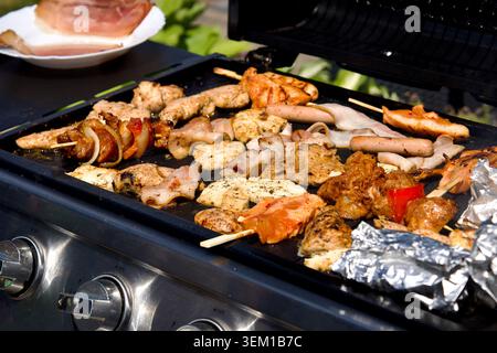 Hochwinkelaufnahme einer Vielzahl von gewürzten Fleischgerichten, Frankfurts, Speckscheiben und Hähnchenspießen, die auf einem modernen Grill im Freien brutzeln. Ein weißes p Stockfoto