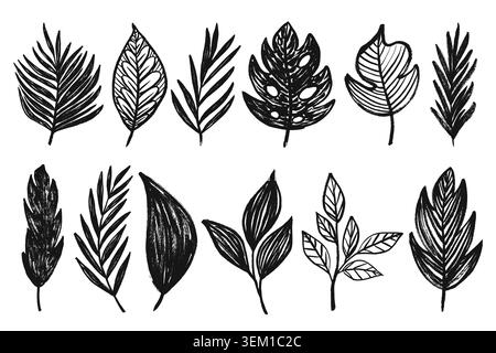 Grunge Tropical Leaves Kollektion. Pinselstrich raue strukturierte Vektor tropische Blatt Silhouetten, Monstera, Palmblatt, Eukalyptus, Kokosblatt. Stock Vektor
