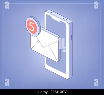 E-Mail. Smartphone mit Umschlagsymbol. Fünf ungelesene Nachrichten. Isometrische Vektordarstellung für die Schnittstelle der Kommunikations-App Stock Vektor