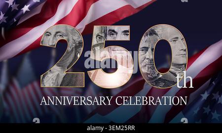 250. Jahrestag der USA 1776-2026. Unabhängigkeitstag der Vereinigten Staaten von Amerika, 4. Juli Banner Konzept mit National USA Flag und Creative Stockfoto