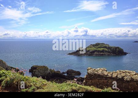 Das Foto zeigt die malerische Gezeiteninsel Arch Ile de l'Aber in der Bucht von Douarnenez an der Atlantikküste der Bretagne. Die felsige Insel bedeckt Stockfoto