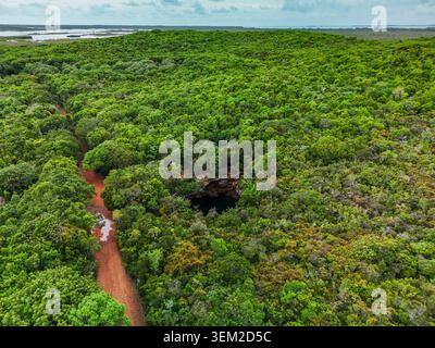 Blick aus der Vogelperspektive auf das Sapphire Blue Hole, umgeben von üppig grünen tropischen Wäldern und einer roten Feldstraße, die Bluff Settlement, North Eleuthera, die Bahamas. Stockfoto