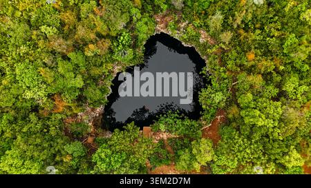 Blick aus der Vogelperspektive auf das Sapphire Blue Hole, umgeben von dichtem tropischem Wald und üppiger grüner Vegetation in der Bluff Settlement, North Eleuthera, den Bahamas. Stockfoto