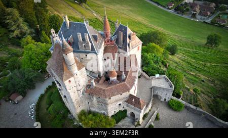 Menthon-Saint-Bernard, Frankreich - 09. Juli 2023: Aus der Vogelperspektive auf das Schloss Menthon-Saint-Bernard mit seinen mittelalterlichen Steintürmen, Dächern und der Umgebung Stockfoto