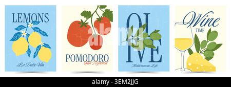 Mediterranes Retro-Poster mit Illustrationen aus Zitronen, Tomaten, Oliven und Wein. Italienische Amalfiküste im Sommer mit Speisen, Küstenleben und Vintage-Textur. Vektorabbildung Stock Vektor
