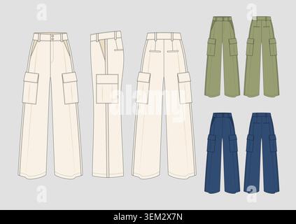 Damen Cargohose mit weitem Bein und Vektor-Mockup-Hose mit hohem Bund und flachem Sketch-Pack Stock Vektor