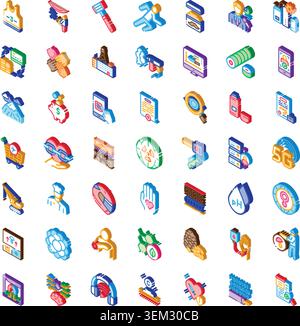 Isometrische Symbolgruppe, die Geschäfts- und Technologiekonzepte darstellt Stock Vektor