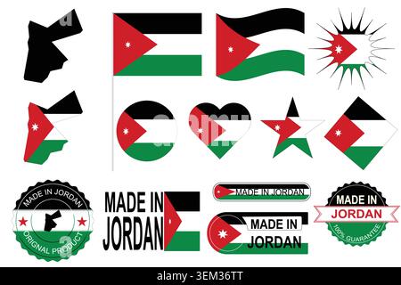 Vektorillustrationen Set mit Jordan Nationalsymbolen, darunter Flaggendesigns, Länderkarten, siebenspitzenförmige Sternenelemente und Made in Jordan-Abzeichen. Stock Vektor