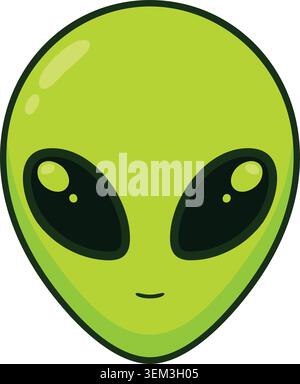 Ein lindgrünes Alien-Gesicht mit übergroßen schwarzen Augen und einem kleinen Lächeln Stock Vektor