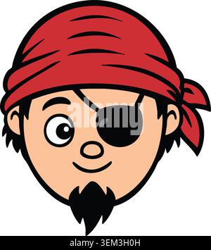Ein verspieltes Piratengesicht mit rotem Kopftuch, schwarzer Augenklappe und kleinem Spitzbart Stock Vektor