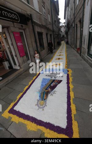 Ponte de Lima, Portugal - 4. Juni 2026: Besucher bewundern die komplizierten Sägemehl- und Blumenteppiche entlang der engen historischen Gassen von Ponte de Lima f Stockfoto