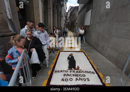 Ponte de Lima, Portugal - 4. Juni 2026: Besucher bewundern die komplizierten Sägemehl- und Blumenteppiche entlang der engen historischen Gassen von Ponte de Lima f Stockfoto