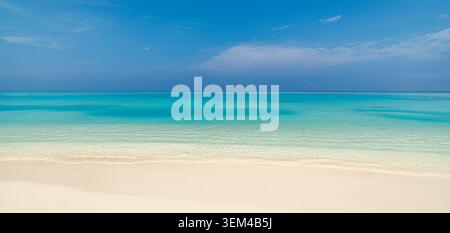 Goldener Sandstrand, sanfte Ozeanwellen weit offener Himmel, tropische Sommerpanorama-Landschaft, friedliche Ferienküste malerisch. Reisebanner im Hintergrund Stockfoto
