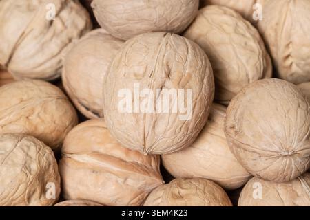 Makro horizontale Vollbild-Hintergrundtextur von ganzen rohen Walnüssen in brauner texturierter Schale Nahaufnahme Stockfoto