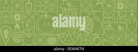 Bauhaus-Frucht- und Beerenabstrakt. Geometrische Linienzeichnung. Nahtloses Fruchtmuster. Natürliche Blumenpflanze mit einfacher Form, abstraktes Konzept der Öko-Landwirtschaft. Vektor Minimal Banner Stock Vektor