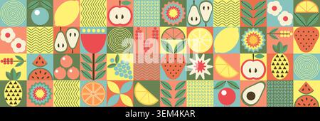 Bauhaus-Frucht- und Beerenabstrakt. Geometrische Linienzeichnung. Nahtloses Fruchtmuster. Natürliche Blumenpflanze mit einfacher Form, abstraktes Konzept der Öko-Landwirtschaft. Vektor Minimal Banner Stock Vektor