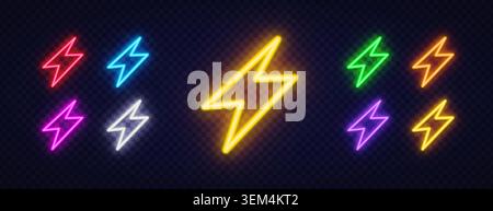 Set aus 9 dünnen Blitzsymbolen in Neon in verschiedenen Farben, einschließlich Gelb, Rot, Blau, Grün, Lila und Rosa auf dunklem transparentem Hintergrund Stock Vektor