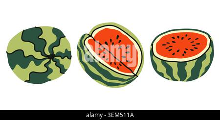 Set mit drei handgezeichneten Wassermelonen. Ganz, halb geschnitten und auf weißem Hintergrund schneiden. Einfache Frucht Illustrationen für gesunde Ernährung, Lebensmittel, Sommer Stock Vektor