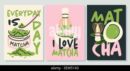 Sammlung von Matcha-Tee-Kunst-Poster mit Zitaten und handgezeichneten Objekten Stock Vektor