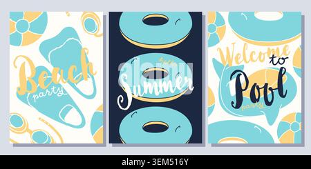 Set aus drei Postern für Sommerpartys mit handgezeichneten Strand- und Poolillustrationen wie Flossen, aufblasbare Ringe und Walschwimmer mit modernem Typograp Stock Vektor