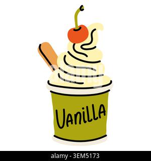 Vanilleeis in grüner Tasse mit Kirsche auf der Oberseite und Holzlöffel servieren. Handgezeichnete Vektor-Illustration mit Text für Café-Menüs, Sommer-Poster Stock Vektor