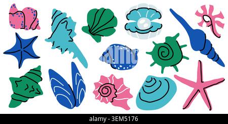 Muscheln Vektor-Elemente Set mit niedlichen Comic-Muscheln, Seesternen und Muscheln mit Perle. Handgezeichnete Ocean Kollektion in Trendfarben isoliert o Stock Vektor