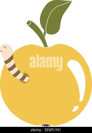 Niedlicher Wurm in der gelben Apfelvektor-Illustration, flaches Design Frucht Symbol Stock Vektor