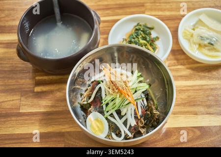 Koreanische Makguksu Buchweizennudeln in kalter Brühe und scharfer Mischung, garniert mit frischem Gemüse und gekochtem Ei in traditionellen rostfreien Schüsseln. Stockfoto