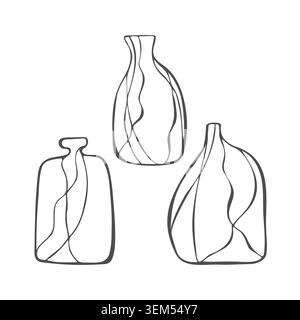 Minimalistische Vektor-Illustration von drei Töpfervase-Umrissen im durchgehenden Linienkunststil. Schwarze Bohème handgezeichnete Keramikgefäße isoliert auf weiß Stock Vektor