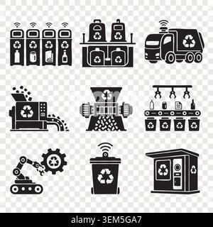 Symbol für eine nachhaltige industrielle Recyclingfabrik mit Mülltonnen und Förderbändern Stock Vektor