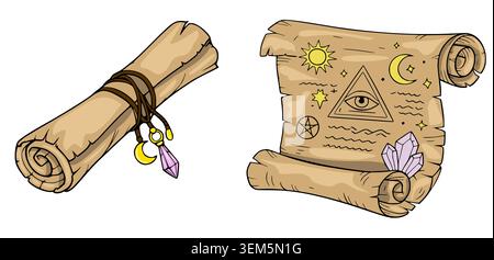 Esoterische Scroll-Vektor-Illustration mit mystischen Symbolen, Sonne, Mond, Auge, Kristallen und Reizen Stock Vektor