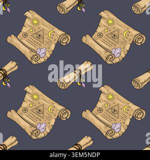 Esoterische Scroll-Muster-Vektor-Illustration mit mystischen Symbolen und Kristallen Stock Vektor