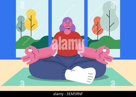 Ältere Frau übt Yoga und Meditation in Innenräumen für geistiges Wohlbefinden im Corporate memphis Stil. Vektorillustration für flache Designs. Stock Vektor