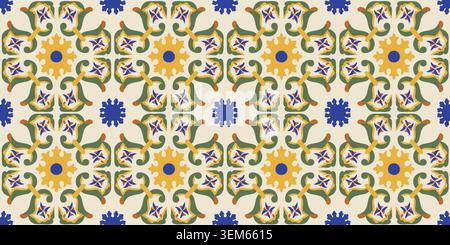 Lebhaftes mediterranes tunesienmuster in Gelb- und Blautönen. Farbenfrohe geometrische Formen wiederholen sich nahtlos. Perfekt für Hintergründe und Textilien Stock Vektor