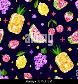 Disco-Früchte auf schwarzem Hintergrund. Farbenfrohes nahtloses Fruchtmuster. Vektor-Illustration für Sommerpartydekoration, Druck, Textil, Verpackungspapier des Stock Vektor