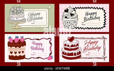 Handgezeichnetes Geburtstagskuchen-Tag-Set Mit Kuchen, Cupcake, Creme, Erdbeere, Tulpen Und Coquette Wimsical Greeting Label Collection Stock Vektor