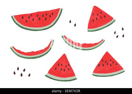 Set aus Wassermelonenscheiben im trendigen Freehand-Stil. Niedliche, helle Sommerillustration. Vektorentwurzelemente. Stock Vektor
