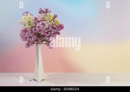 Abstraktes Blumenarrangement und Banner für Bildschirm. Stillleben mit schönen Frühlingsblumen blühendem weißem Flieder in Vase auf elegantem Hintergrund, blumig Stockfoto