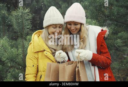 Glücklich lächelnd zwei junge Freundinnen, die Spaß haben, feiern mit Einkaufstaschen im Winterpark, fröhliche Freundinnen zusammen auf Weihnachtsbaum Backgro Stockfoto