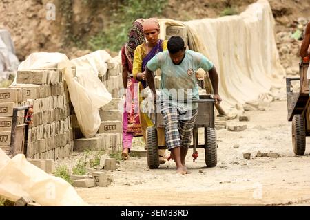 Aminbazar, Bangladesch - 13. März 2026: Ansicht von Arbeitern, die schwere mit Ziegeln gefüllte Wagen auf einem staubigen Weg in einem Ziegelofen schieben. Stockfoto