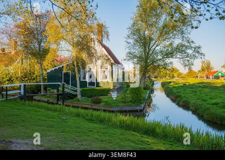 Gemütliches grünes holländisches Haus mit Holzbrücke entlang des ländlichen Kanals im goldenen Stundenlicht Stockfoto