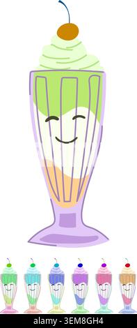 Happy Face Kawaii-Milchshake-Getränk mit Kirschüberschlag Stock Vektor
