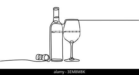 Minimalistische Linienzeichnung einer Weinflasche und eines Glases Stock Vektor