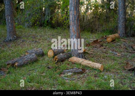 Frisch geschnittene, rohe Kiefernholzstämme, die auf grünem Wiesengras in der Nähe von Baumstämmen in einer natürlichen Waldlandschaft verstreut sind. Stockfoto