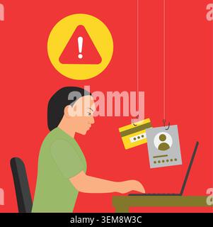 Ein Hacker stiehlt vertrauliche Daten, persönliche Daten und Kreditkartendaten einer Frau. Hacking-Konzept. Stock Vektor