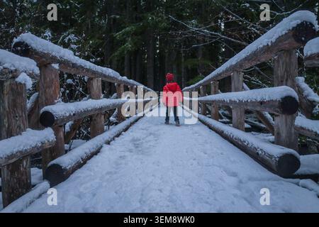 Die Winterüberquerung eines Kindes in einer leuchtend rosa Jacke auf einer verschneiten Baumbrücke Stockfoto
