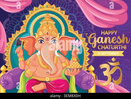 Bunte Vektor-Illustration von Lord Ganesha, der auf einem Thron sitzt, mit traditionellen spirituellen Symbolen. Stock Vektor